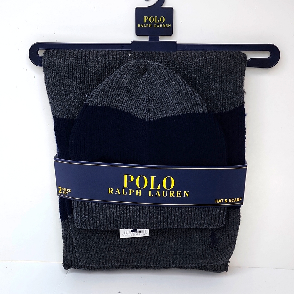 POLO RALPH LAUREN 2 PIECE SET, GREY & NAVY HAT & SCARF